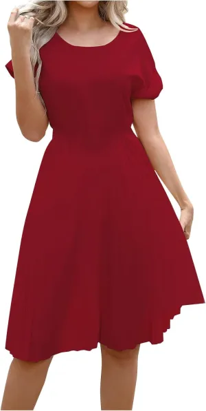 Summer Dresses for Women Dressy Elegant Short Sleeve Pleated Flowy Midi Dress Flowy Beach Party Long Sundress