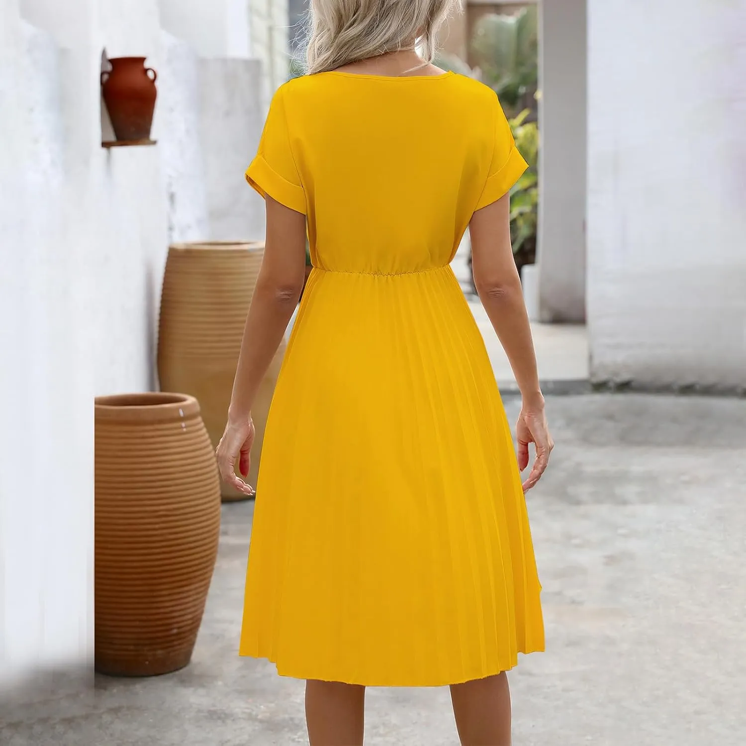 Summer Dresses for Women Dressy Elegant Short Sleeve Pleated Flowy Midi Dress Flowy Beach Party Long Sundress