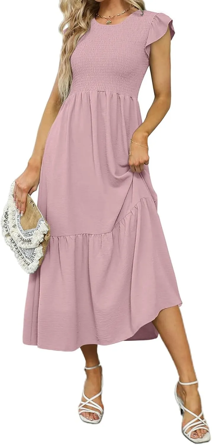 Summer Dresses for Women Ruffle Cap Sleeve Maxi Dress High Waist Tiered A Line Flowy Beach Long Sun Dresses with Pocket