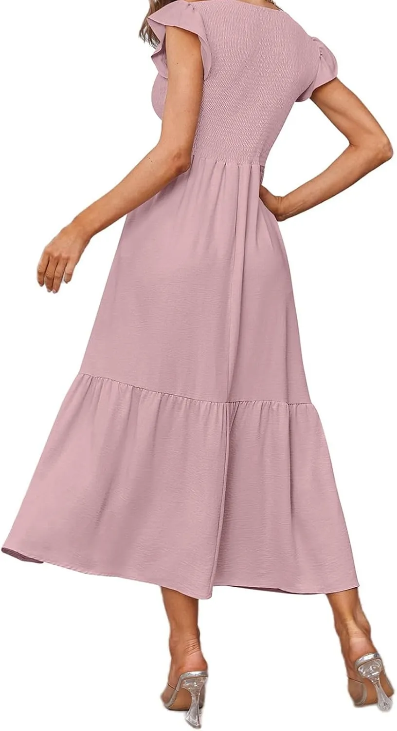 Summer Dresses for Women Ruffle Cap Sleeve Maxi Dress High Waist Tiered A Line Flowy Beach Long Sun Dresses with Pocket