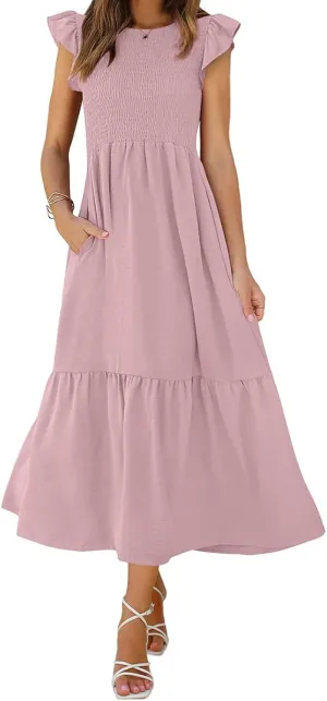 Summer Dresses for Women Ruffle Cap Sleeve Maxi Dress High Waist Tiered A Line Flowy Beach Long Sun Dresses with Pocket
