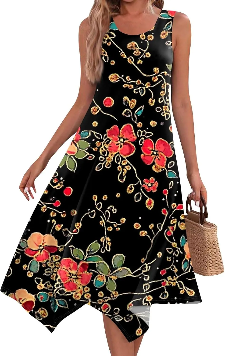 Tank Dress for Women Summer Midi Sleeveless Irregular Hem Midi Dress U-Neck Semi Formal Dresses A Line with Pockets