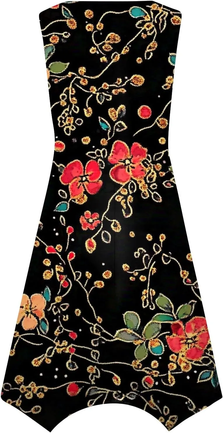 Tank Dress for Women Summer Midi Sleeveless Irregular Hem Midi Dress U-Neck Semi Formal Dresses A Line with Pockets