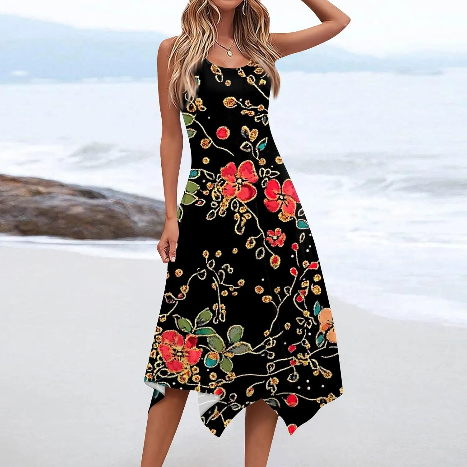 Tank Dress for Women Summer Midi Sleeveless Irregular Hem Midi Dress U-Neck Semi Formal Dresses A Line with Pockets