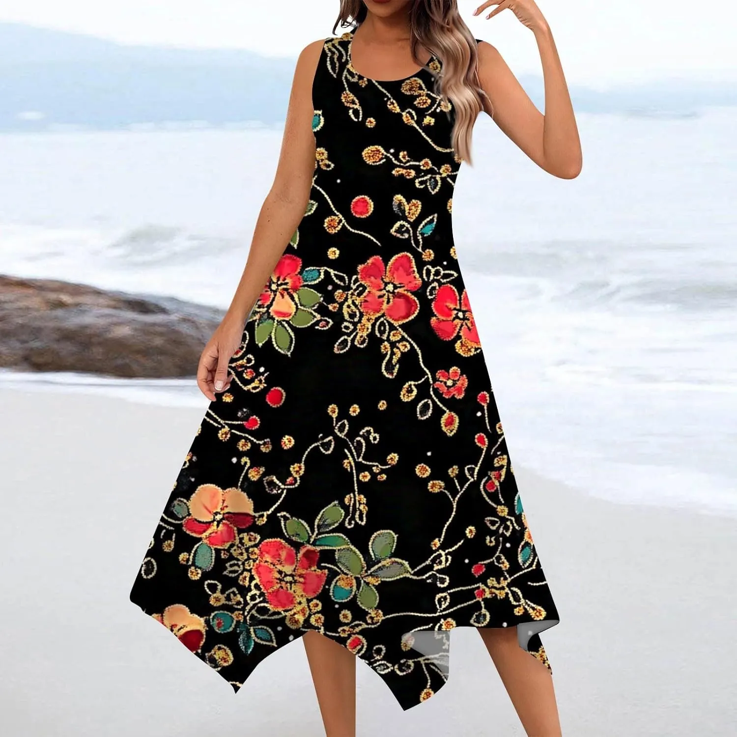 Tank Dress for Women Summer Midi Sleeveless Irregular Hem Midi Dress U-Neck Semi Formal Dresses A Line with Pockets