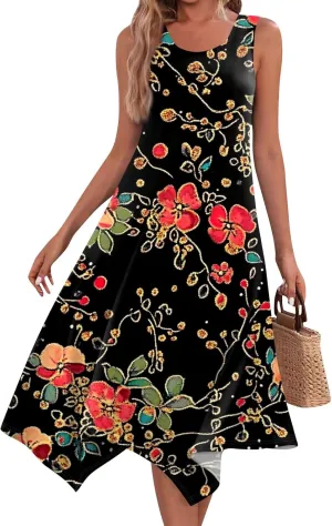 Tank Dress for Women Summer Midi Sleeveless Irregular Hem Midi Dress U-Neck Semi Formal Dresses A Line with Pockets