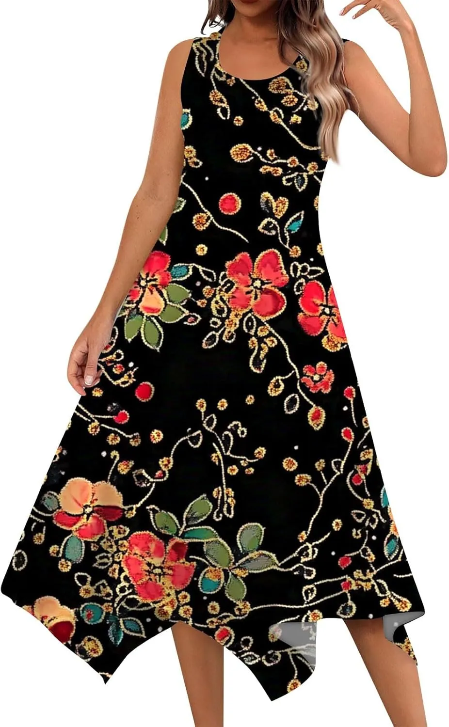 Tank Dress for Women Summer Midi Sleeveless Irregular Hem Midi Dress U-Neck Semi Formal Dresses A Line with Pockets