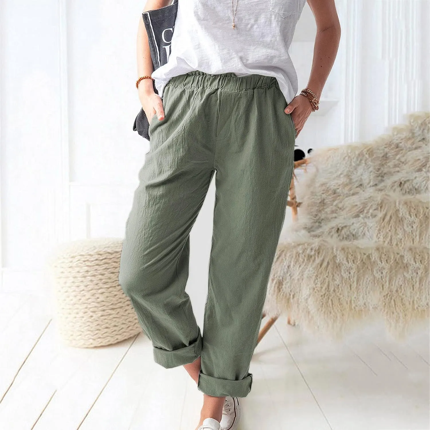 tuduoms Women's Relaxed Fit Linen Pants Elastic Waist Wide Leg Straight Joggers Summer Casual Loose Capris Yoga Trousers