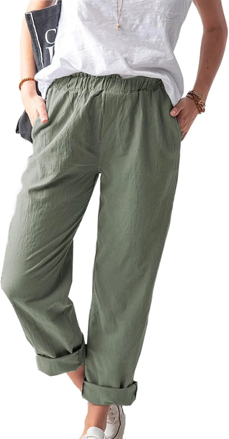 tuduoms Women's Relaxed Fit Linen Pants Elastic Waist Wide Leg Straight Joggers Summer Casual Loose Capris Yoga Trousers