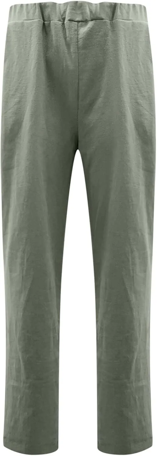 tuduoms Women's Relaxed Fit Linen Pants Elastic Waist Wide Leg Straight Joggers Summer Casual Loose Capris Yoga Trousers
