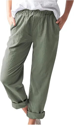 tuduoms Women's Relaxed Fit Linen Pants Elastic Waist Wide Leg Straight Joggers Summer Casual Loose Capris Yoga Trousers