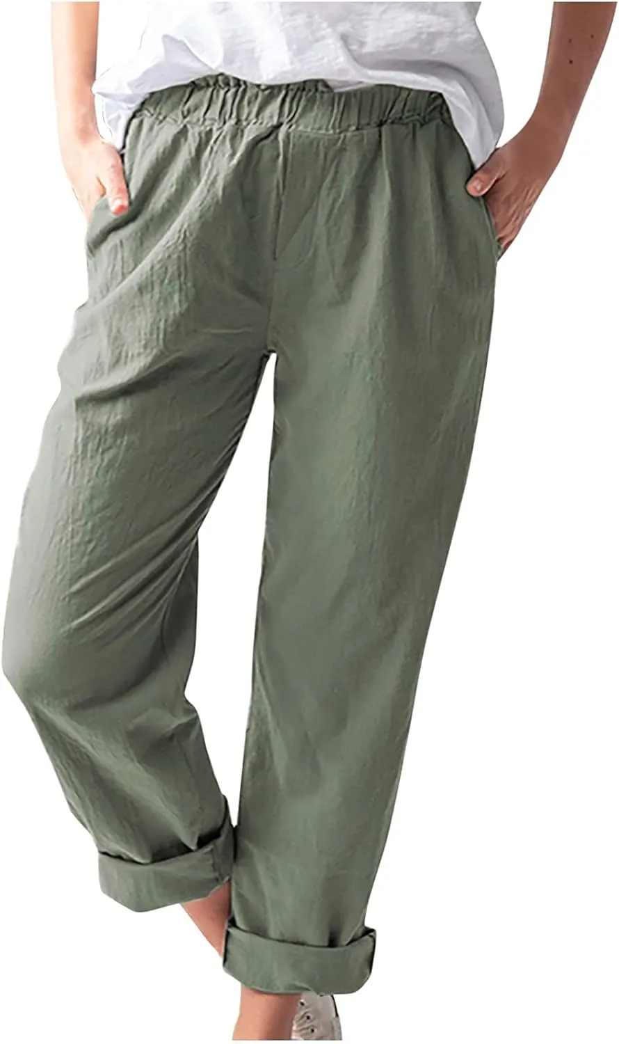tuduoms Women's Relaxed Fit Linen Pants Elastic Waist Wide Leg Straight Joggers Summer Casual Loose Capris Yoga Trousers