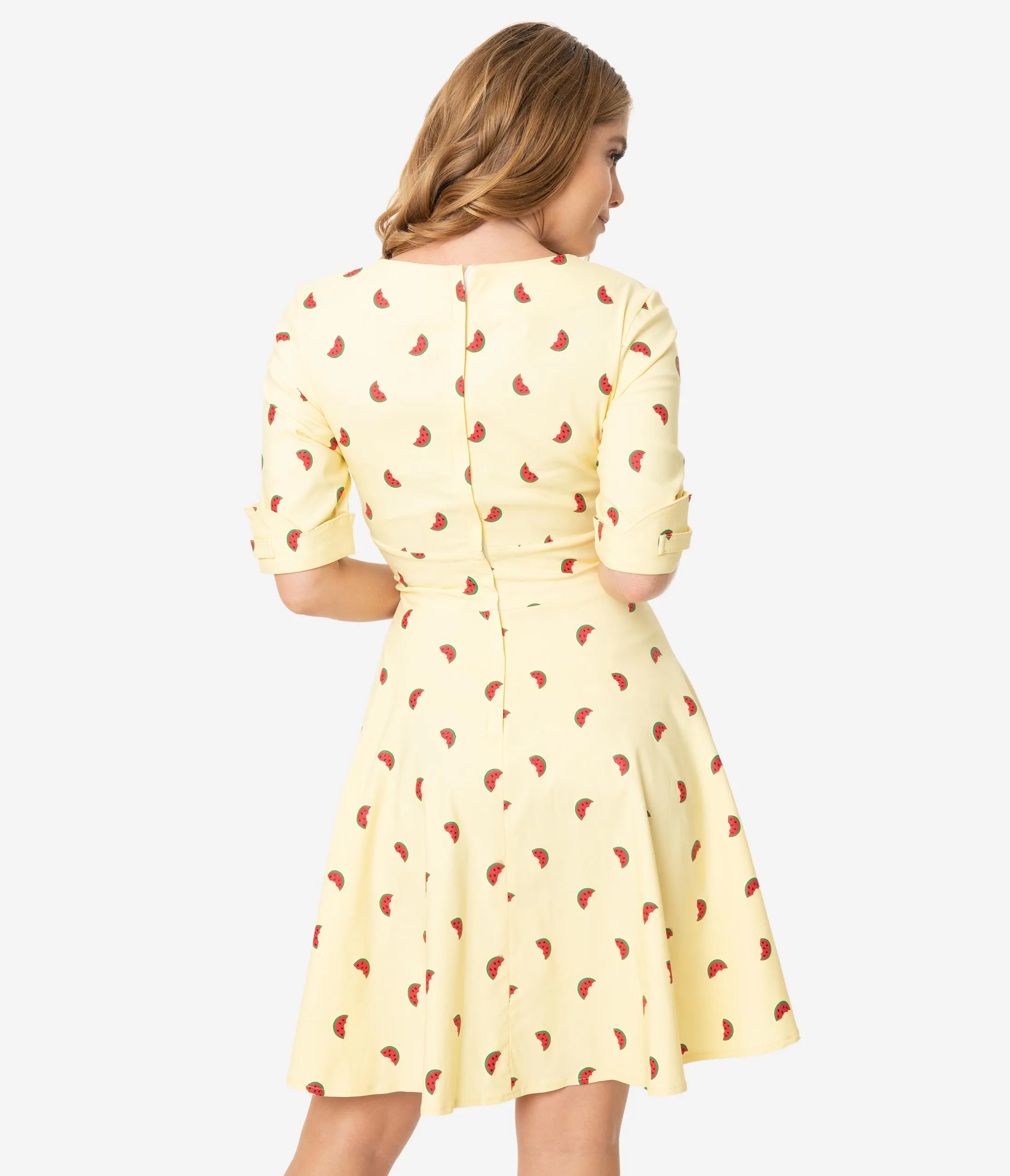 Unique Vintage Light Yellow Watermelon Print Delores Fit & Flare Dress