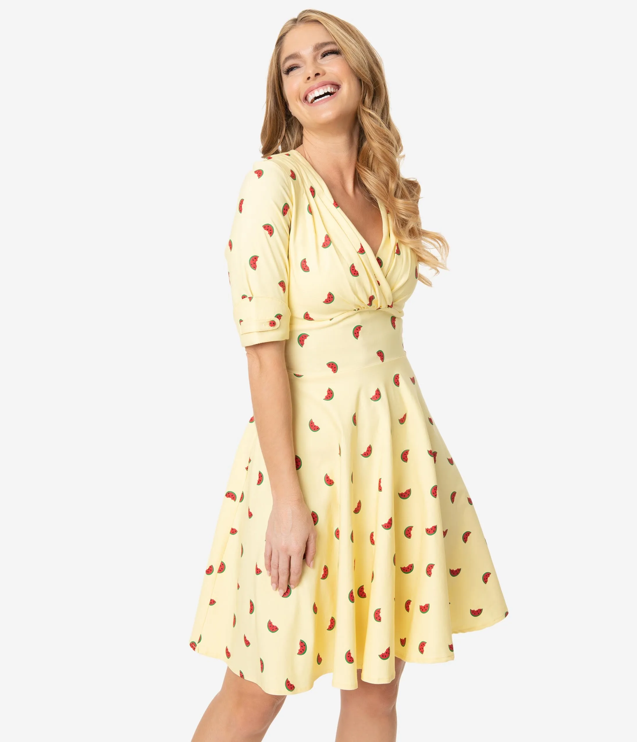 Unique Vintage Light Yellow Watermelon Print Delores Fit & Flare Dress