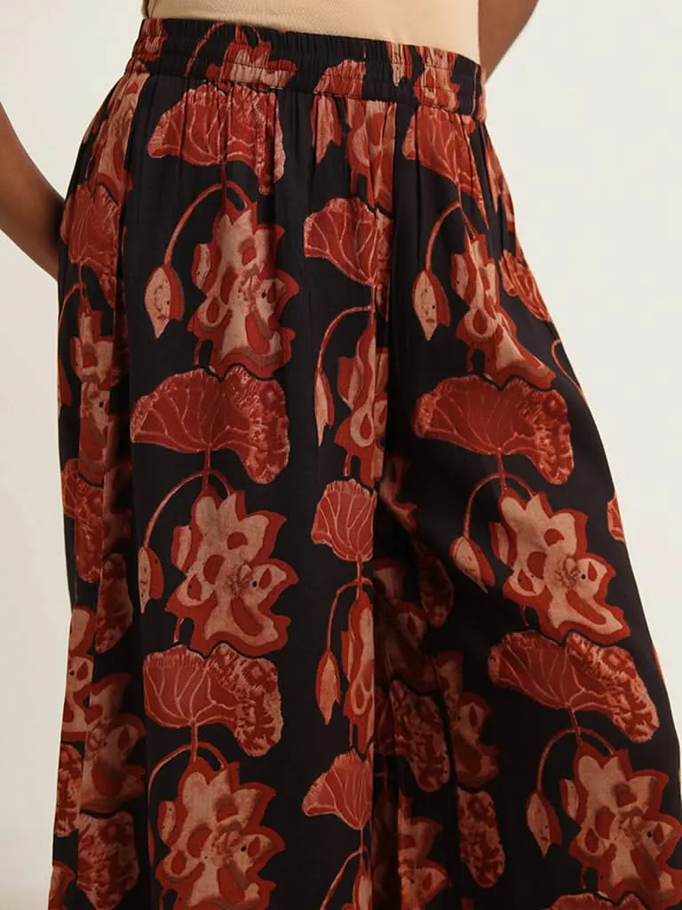 Utsa Black Floral Print Palazzos