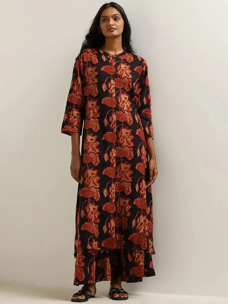 Utsa Black Floral Print Palazzos