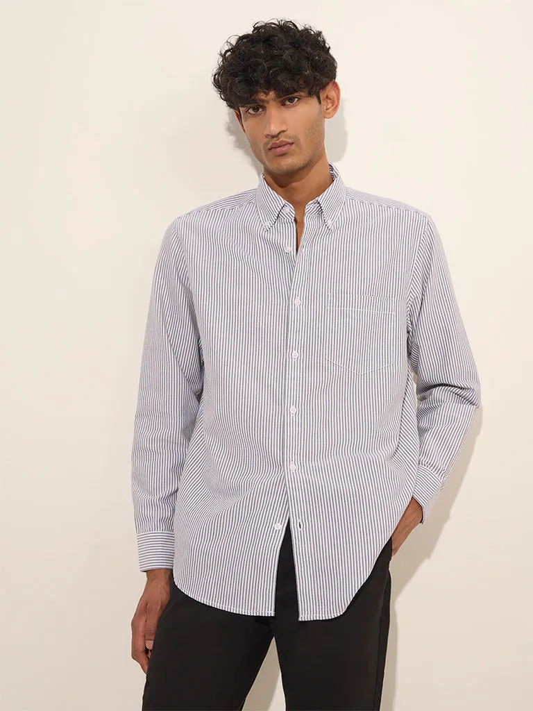 WES Casuals Grey Striped Relaxed-Fit Cotton Shirt