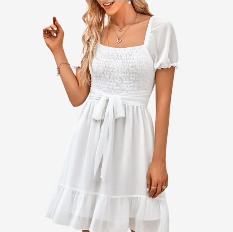 White Bridesmaid Dresses Puffed Short Sleeve