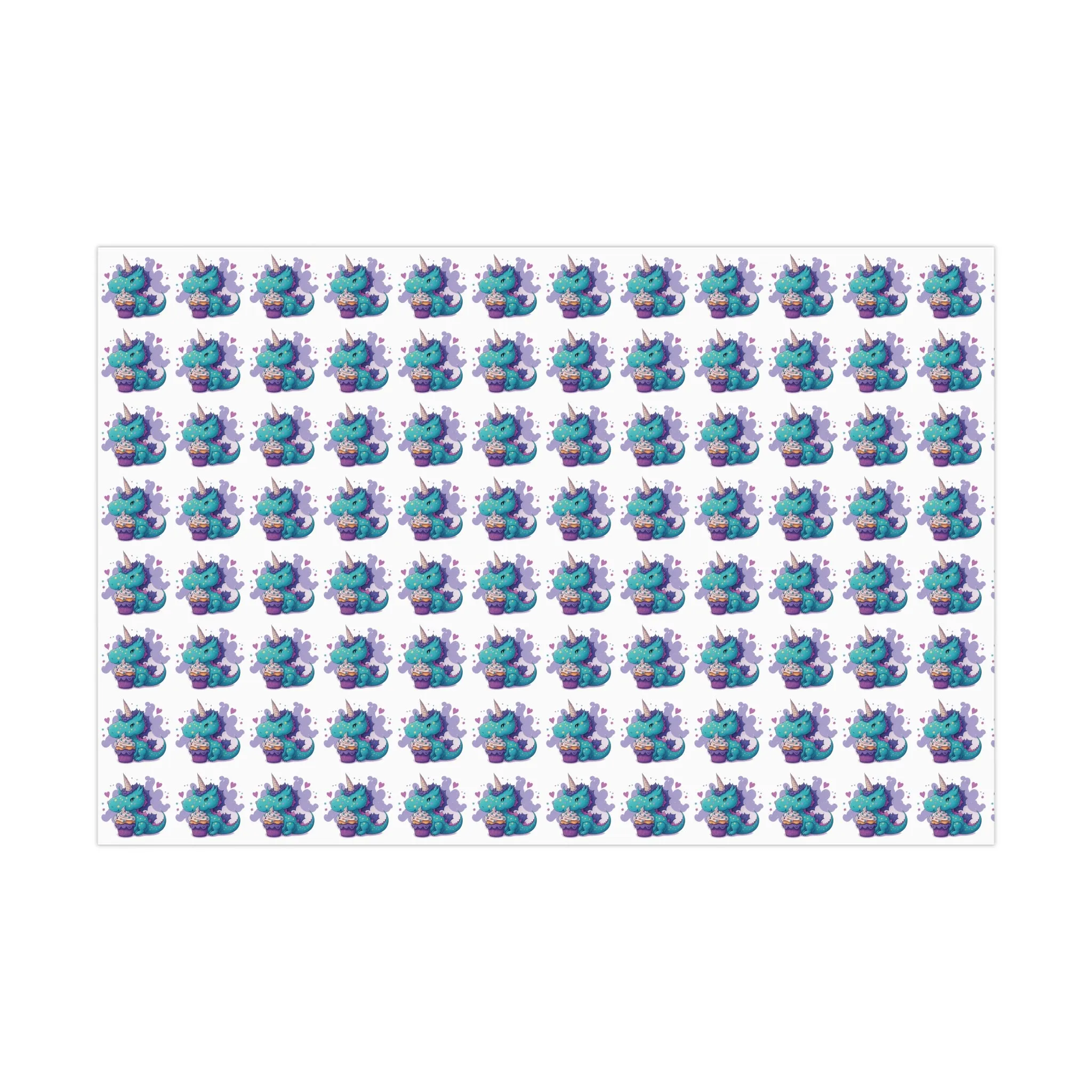 (white) cute dragon with cupcake, dragon, dragon wrapping paper, dragon gift wrap, birthday, birthday party, gift wrap, wrapping paper, happy birthday, cute dragon