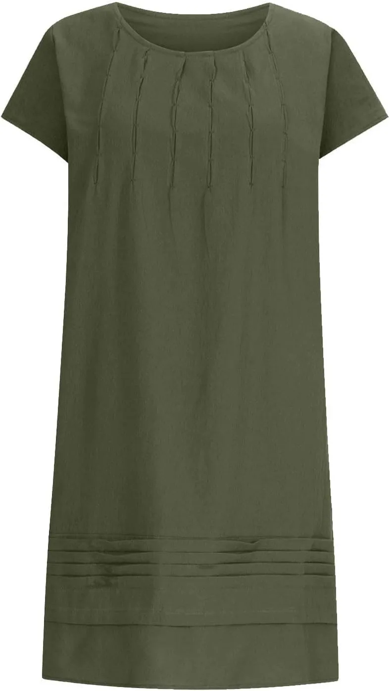 Women's Cotton Linen Midi Dress Plus Size Cap Sleeve Pleated Summer Dresses Vacation 2025 Crew Neck Casual Dress