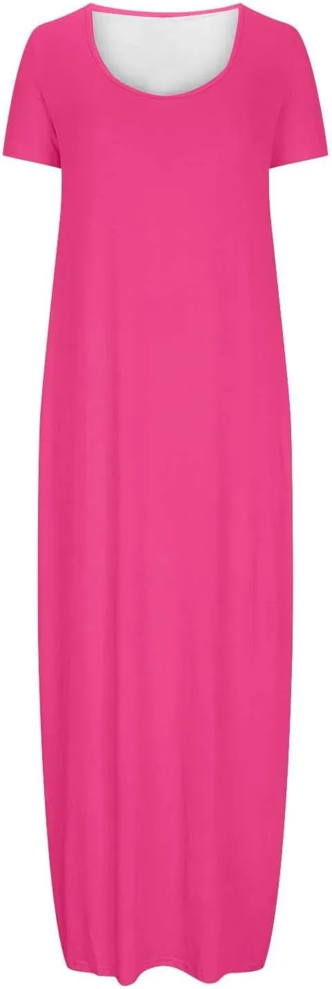 Womens Short Sleeve Scoop Neck Plus Size Maxi Midi Dress Solid Casual Tshirt Dress 2025 Trendy Summer Long Dresses