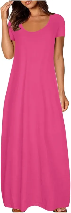 Womens Short Sleeve Scoop Neck Plus Size Maxi Midi Dress Solid Casual Tshirt Dress 2025 Trendy Summer Long Dresses