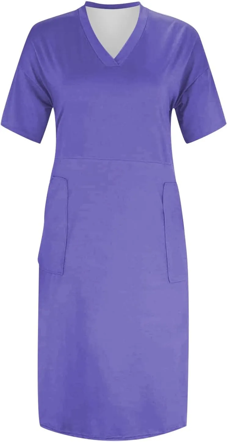 Women's Summer Casual Solid V-Neck Short Sleeve Midi Dress Plus Size with Pocket