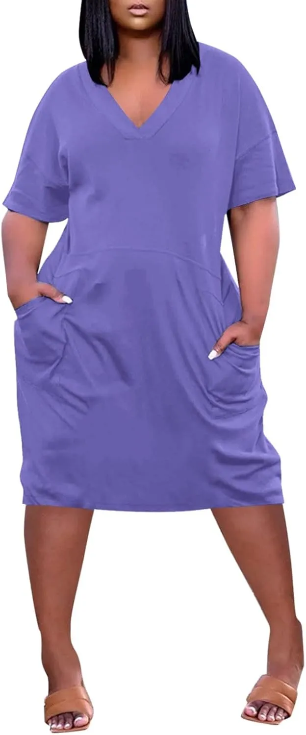 Women's Summer Casual Solid V-Neck Short Sleeve Midi Dress Plus Size with Pocket