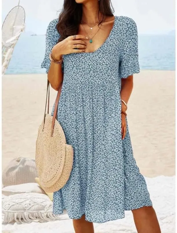 Womens Summer Dress Casual Loose Flowy Swing Boho Ditsy Floral Dress V Neck Short Sleeve Summer Beach Mini Dress