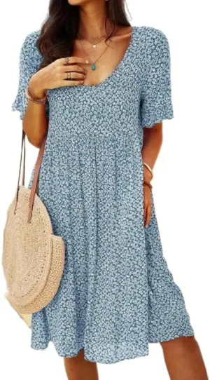 Womens Summer Dress Casual Loose Flowy Swing Boho Ditsy Floral Dress V Neck Short Sleeve Summer Beach Mini Dress