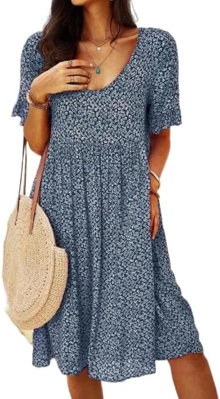 Womens Summer Dress Casual Loose Flowy Swing Boho Ditsy Floral Dress V Neck Short Sleeve Summer Beach Mini Dress