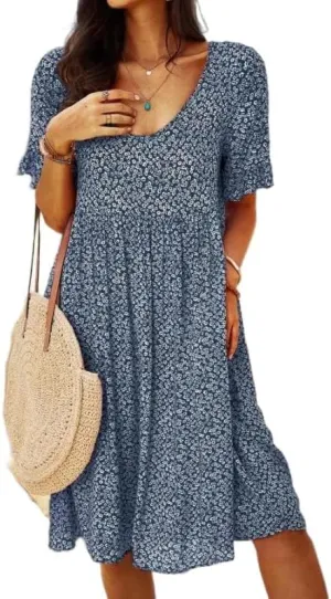 Womens Summer Dress Casual Loose Flowy Swing Boho Ditsy Floral Dress V Neck Short Sleeve Summer Beach Mini Dress
