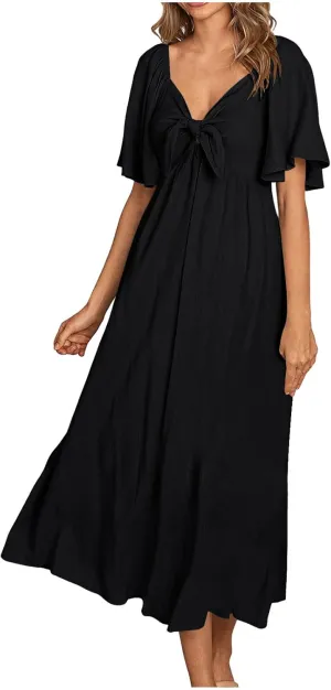 Women's Summer Long Dresses Casual Short Sleeve Flowy Swing Boho Dresses Deep V Neck Elegant Bow tie Beach Dress