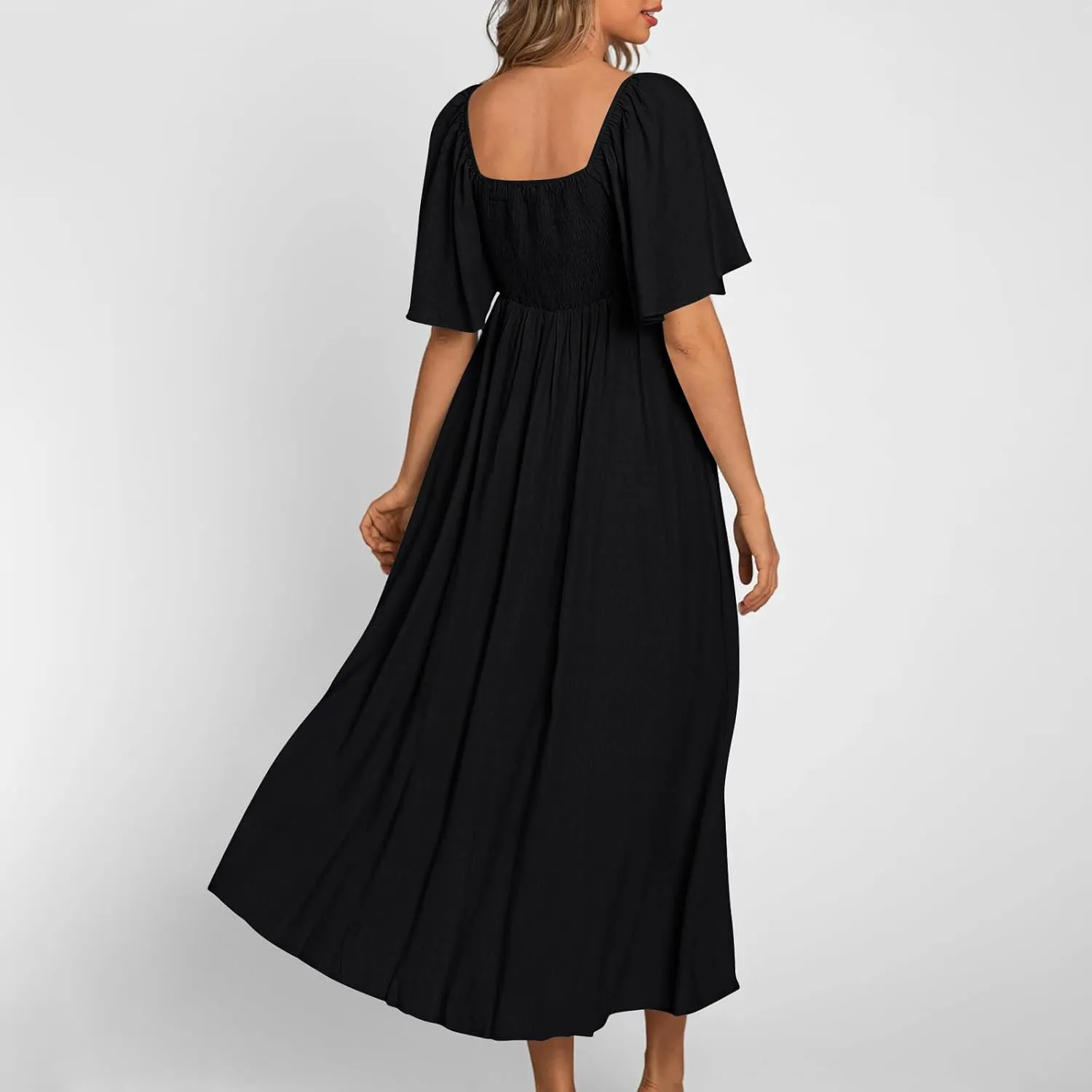 Women's Summer Long Dresses Casual Short Sleeve Flowy Swing Boho Dresses Deep V Neck Elegant Bow tie Beach Dress