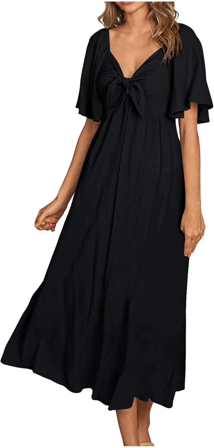 Women's Summer Long Dresses Casual Short Sleeve Flowy Swing Boho Dresses Deep V Neck Elegant Bow tie Beach Dress