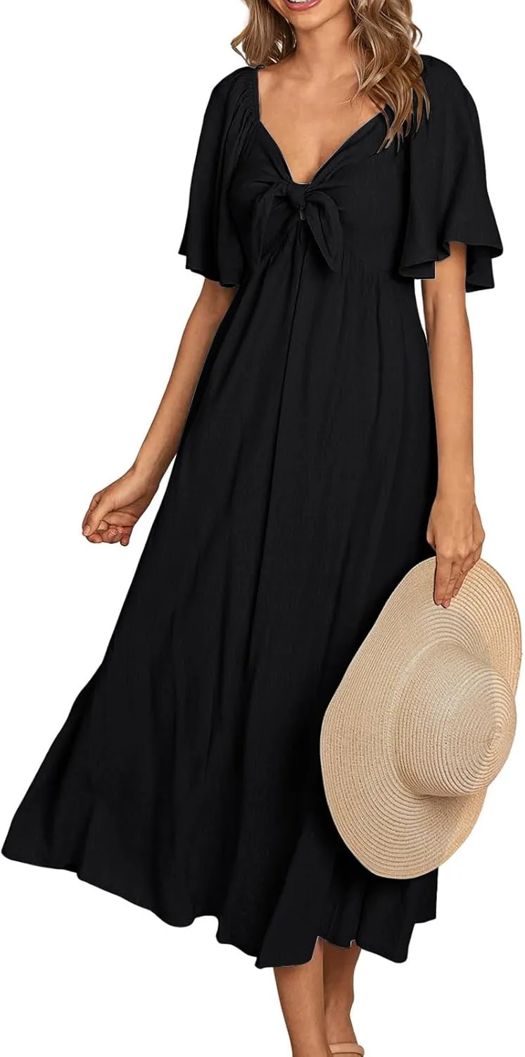 Women's Summer Long Dresses Casual Short Sleeve Flowy Swing Boho Dresses Deep V Neck Elegant Bow tie Beach Dress