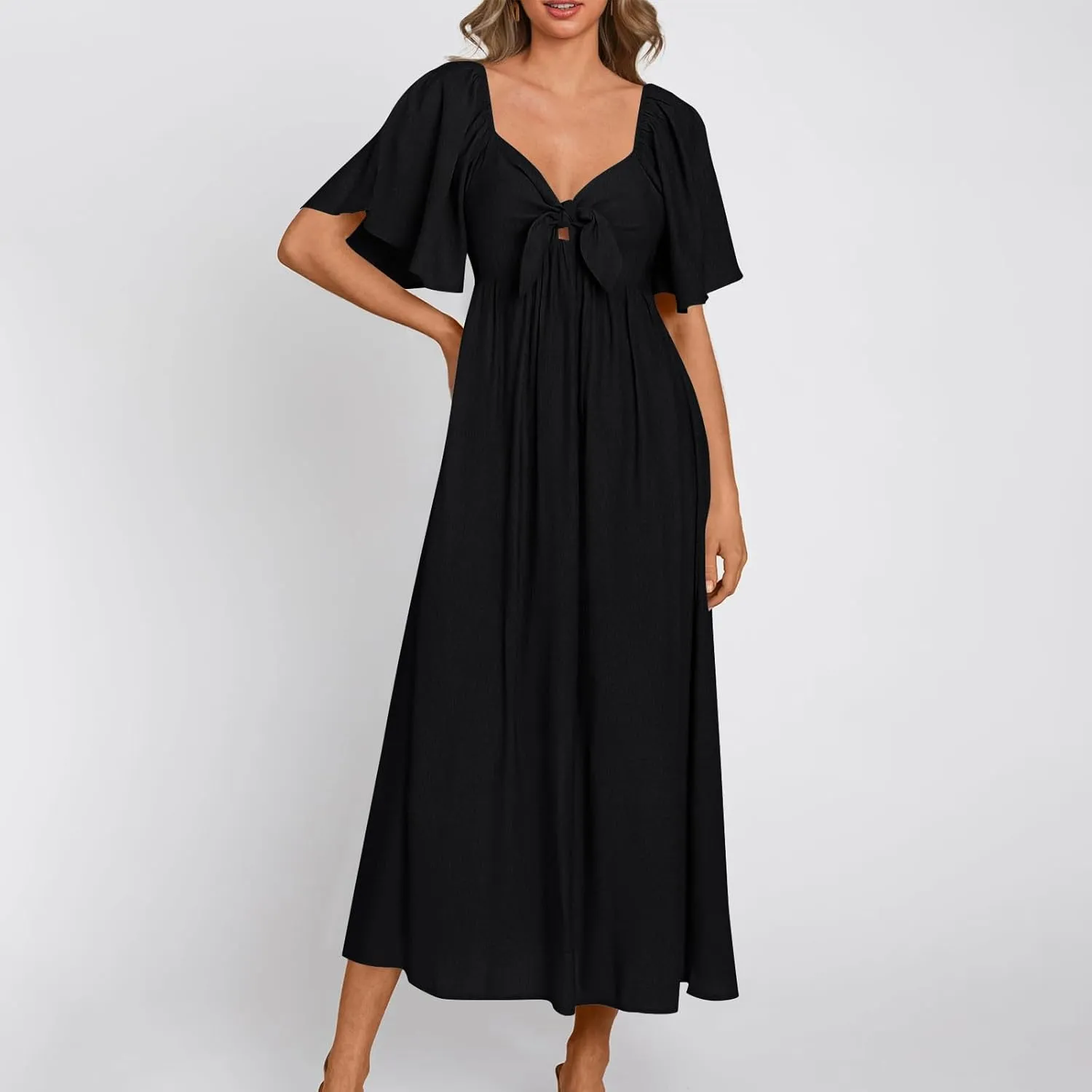 Women's Summer Long Dresses Casual Short Sleeve Flowy Swing Boho Dresses Deep V Neck Elegant Bow tie Beach Dress