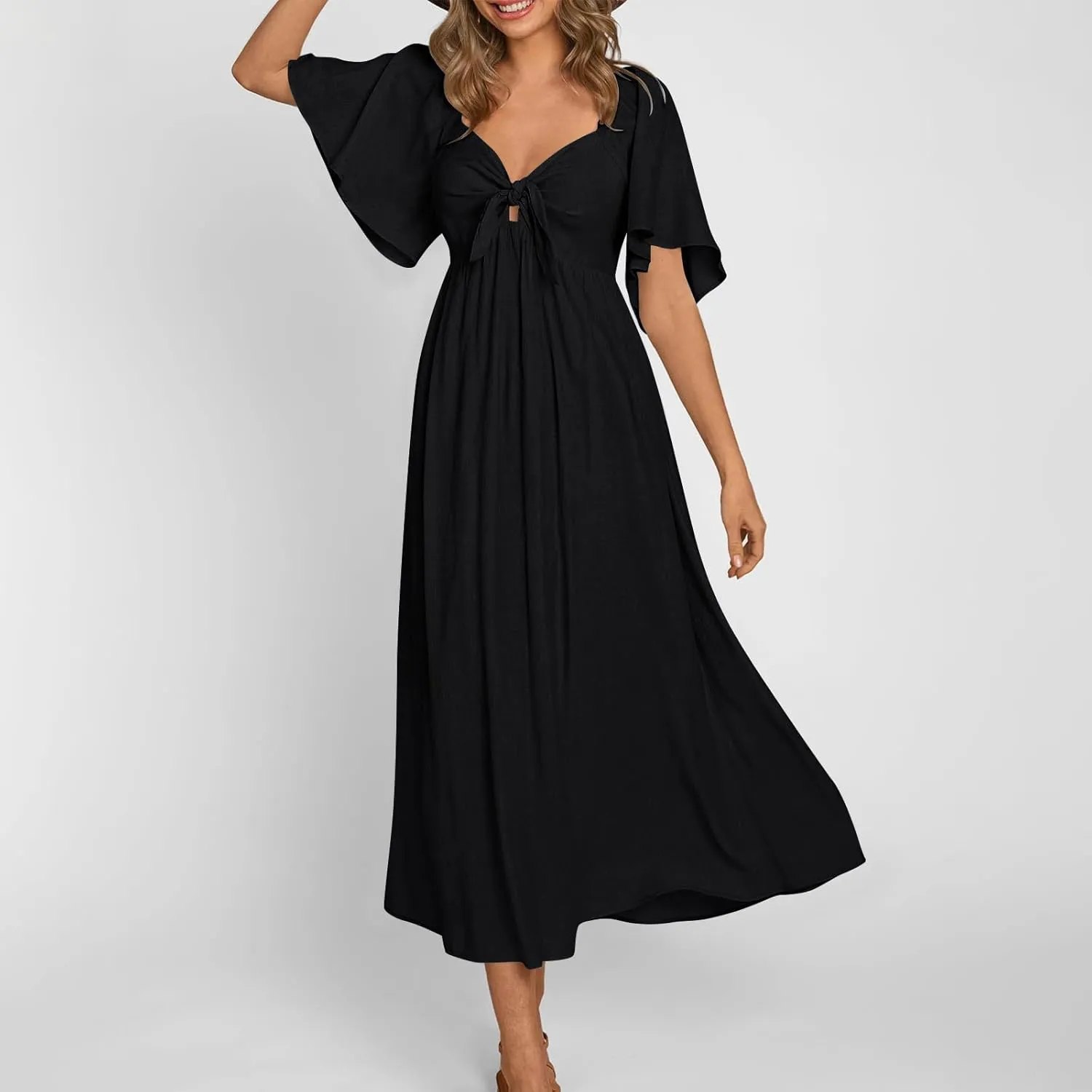 Women's Summer Long Dresses Casual Short Sleeve Flowy Swing Boho Dresses Deep V Neck Elegant Bow tie Beach Dress