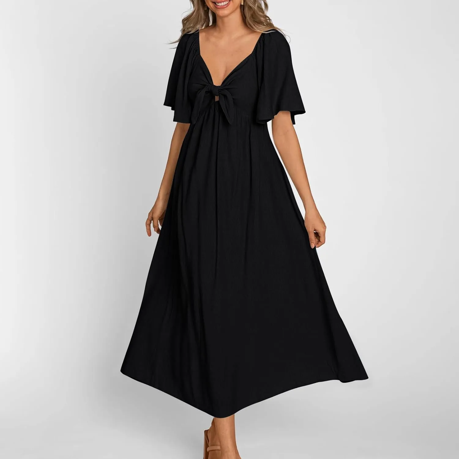 Women's Summer Long Dresses Casual Short Sleeve Flowy Swing Boho Dresses Deep V Neck Elegant Bow tie Beach Dress