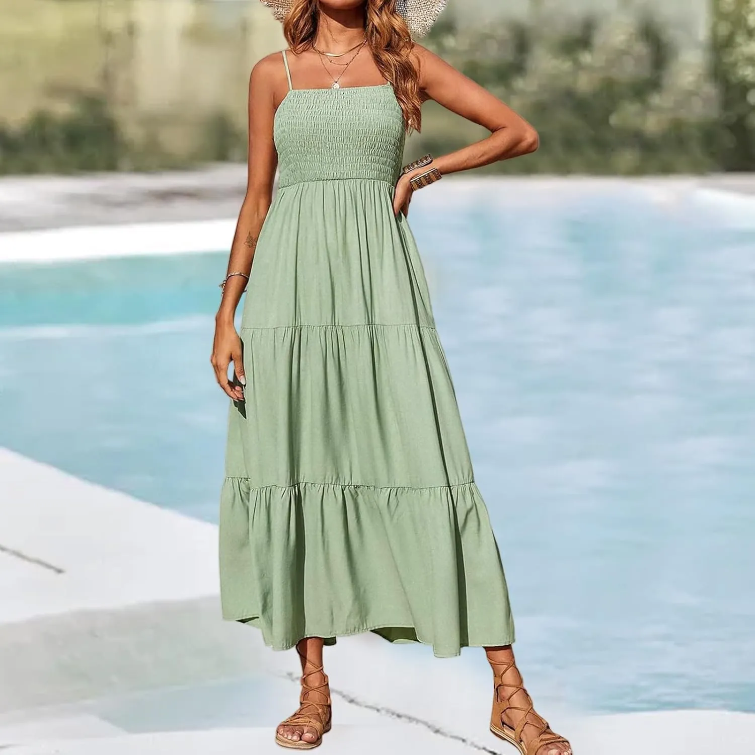 Women's Summer Maxi Dress Square Neck Spaghetti Straps Smocked Casual Beach Sundresses Flowy Tiered Long Dress