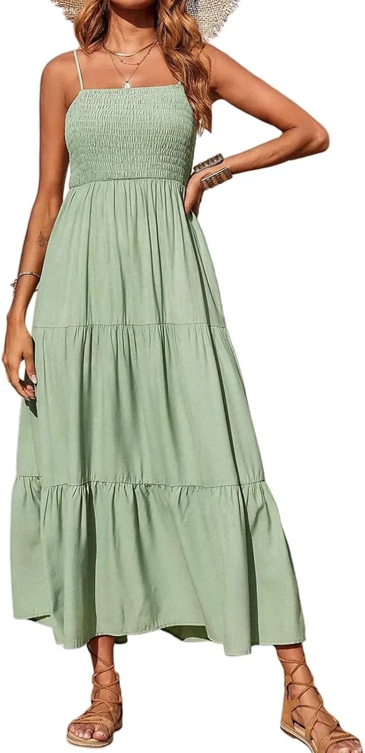 Women's Summer Maxi Dress Square Neck Spaghetti Straps Smocked Casual Beach Sundresses Flowy Tiered Long Dress