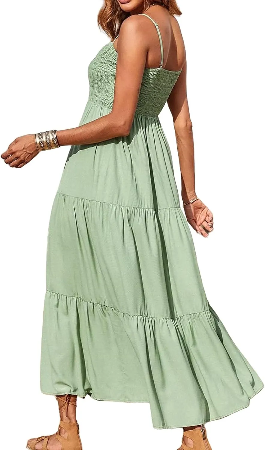 Women's Summer Maxi Dress Square Neck Spaghetti Straps Smocked Casual Beach Sundresses Flowy Tiered Long Dress
