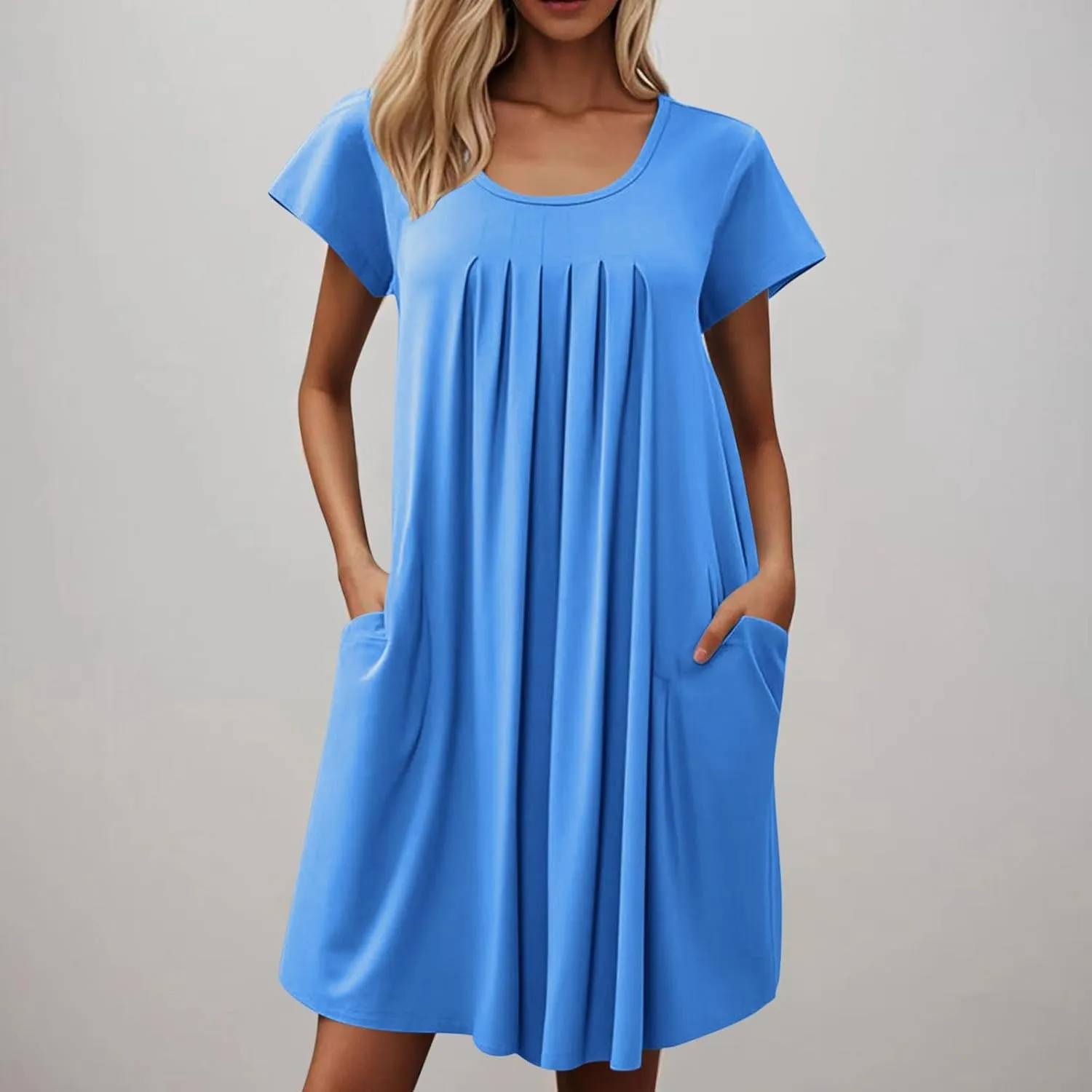 Women's Summer Mini Dresses Casual Loose Beach Vacation Dress Pleated Short Sleeve Plain Tank Sundress 2025