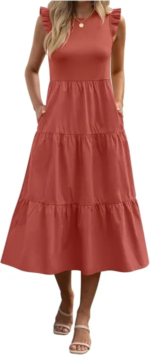 ZWRXW Dresses for Women Ruffle Cap Sleeve Summer Tunic Dress Tiered A Line Midi Dress Flowy Beach Party Dresses with Pockets