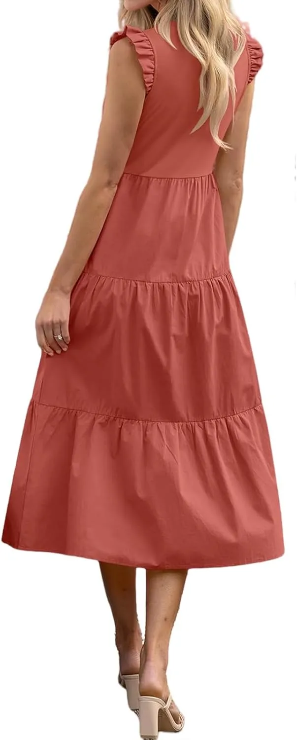 ZWRXW Dresses for Women Ruffle Cap Sleeve Summer Tunic Dress Tiered A Line Midi Dress Flowy Beach Party Dresses with Pockets