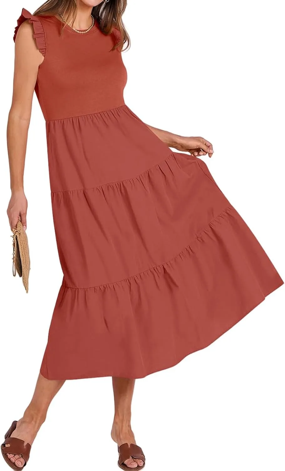 ZWRXW Dresses for Women Ruffle Cap Sleeve Summer Tunic Dress Tiered A Line Midi Dress Flowy Beach Party Dresses with Pockets