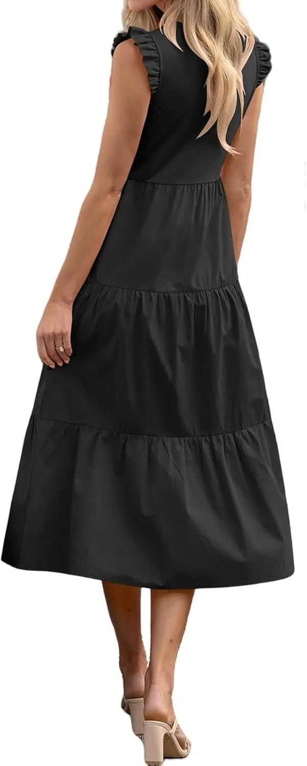 ZWRXW Dresses for Women Ruffle Cap Sleeve Summer Tunic Dress Tiered A Line Midi Dress Flowy Beach Party Dresses with Pockets