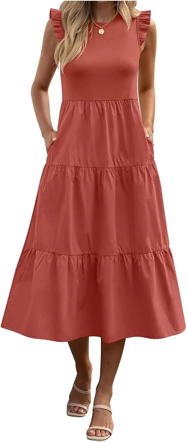 ZWRXW Dresses for Women Ruffle Cap Sleeve Summer Tunic Dress Tiered A Line Midi Dress Flowy Beach Party Dresses with Pockets