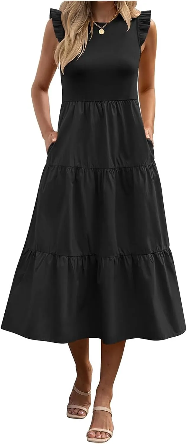 ZWRXW Dresses for Women Ruffle Cap Sleeve Summer Tunic Dress Tiered A Line Midi Dress Flowy Beach Party Dresses with Pockets