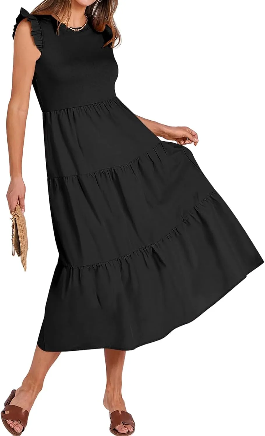 ZWRXW Dresses for Women Ruffle Cap Sleeve Summer Tunic Dress Tiered A Line Midi Dress Flowy Beach Party Dresses with Pockets